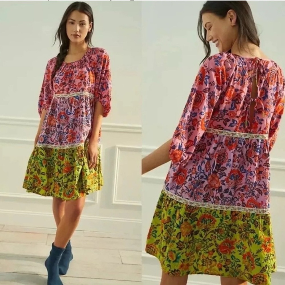 Anthropologie Pink and Red Tiered Sundress with Bishop Sleeves